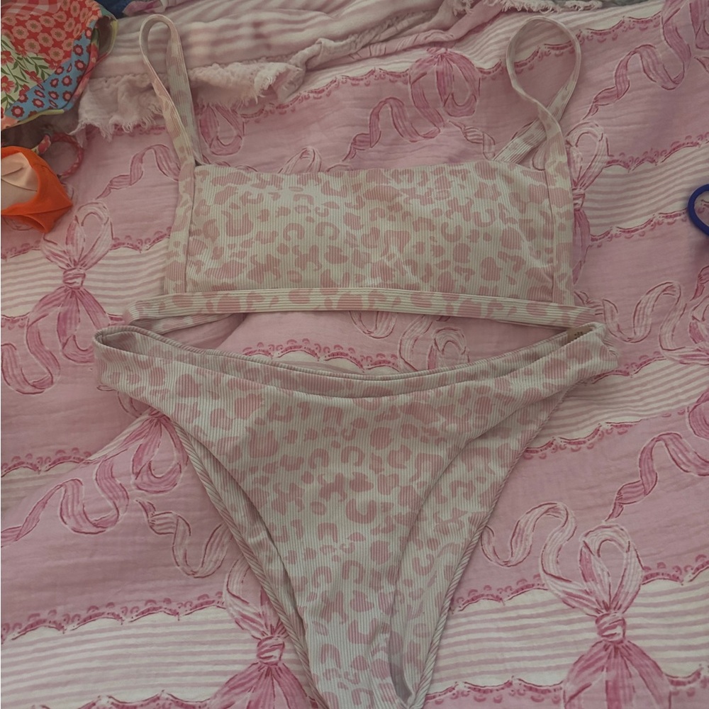 Zaful Pink Leopard Ribbed Bralette & High-Cut Bikini Set